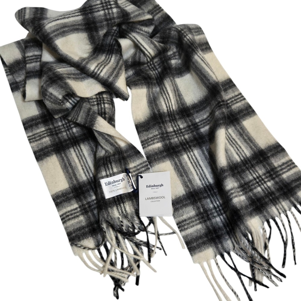 Edinburgh Scarf 100% Lambswool Black Cream Tartan Plaid Fringe 64x10 Super Soft